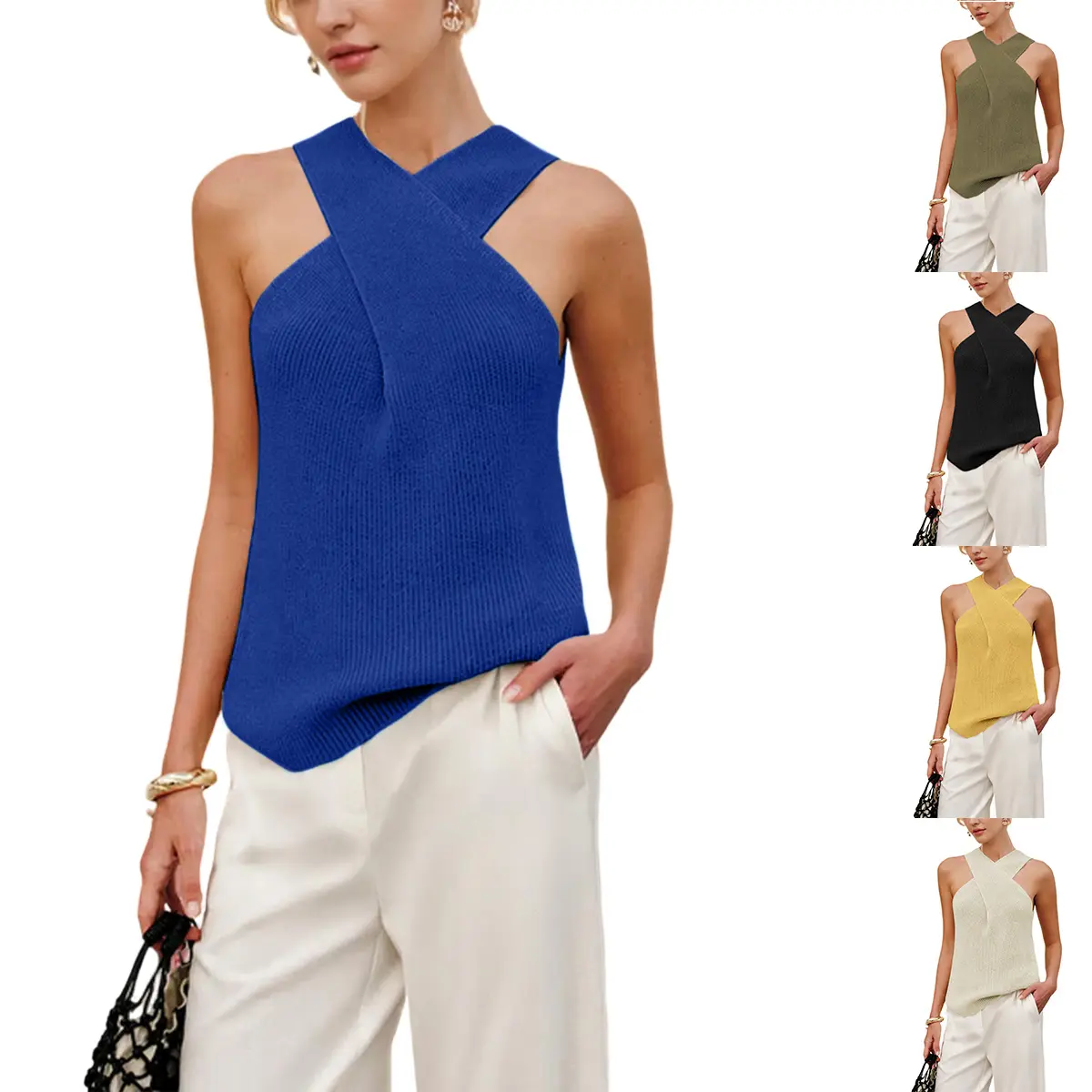 Molitree Women's Fitted Cross-Over Neck Knit Tank Top - Solid Color Sleeveless Blouse for Summer Casual Wear Soft Minimalist