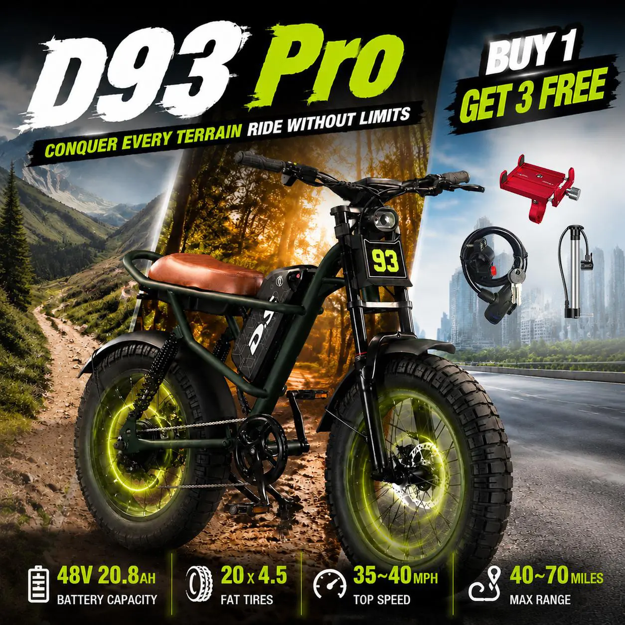 New electric bicycle for spring 2026 adopts a high carbon steel frame, hydraulic shock absorption, full suspension system, maximum speed of 35~40 MPH, 48 volt 1500W motor, riding assistance range of 40-70 miles, 20 * 4.5-inch all terrain tires, snow tires