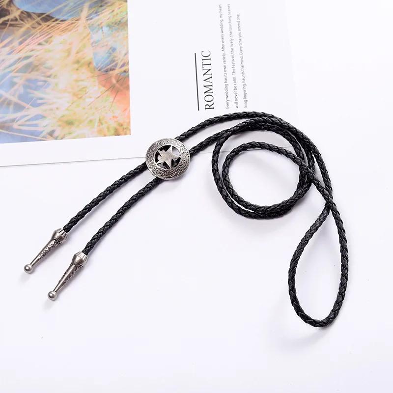 Adjustable Bull Head Five Stars Western Cowboy Bolo Tie Rodeo Dance Necktie Faux Leather Pendant Necklace
