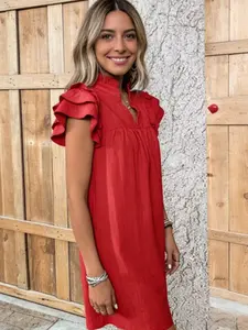 A women's solid color multi-layer ruffled sleeve V-neck pullover dress, suitable for summer, daily casual wear, vacations, dates, gatherings, and othe Womenswear