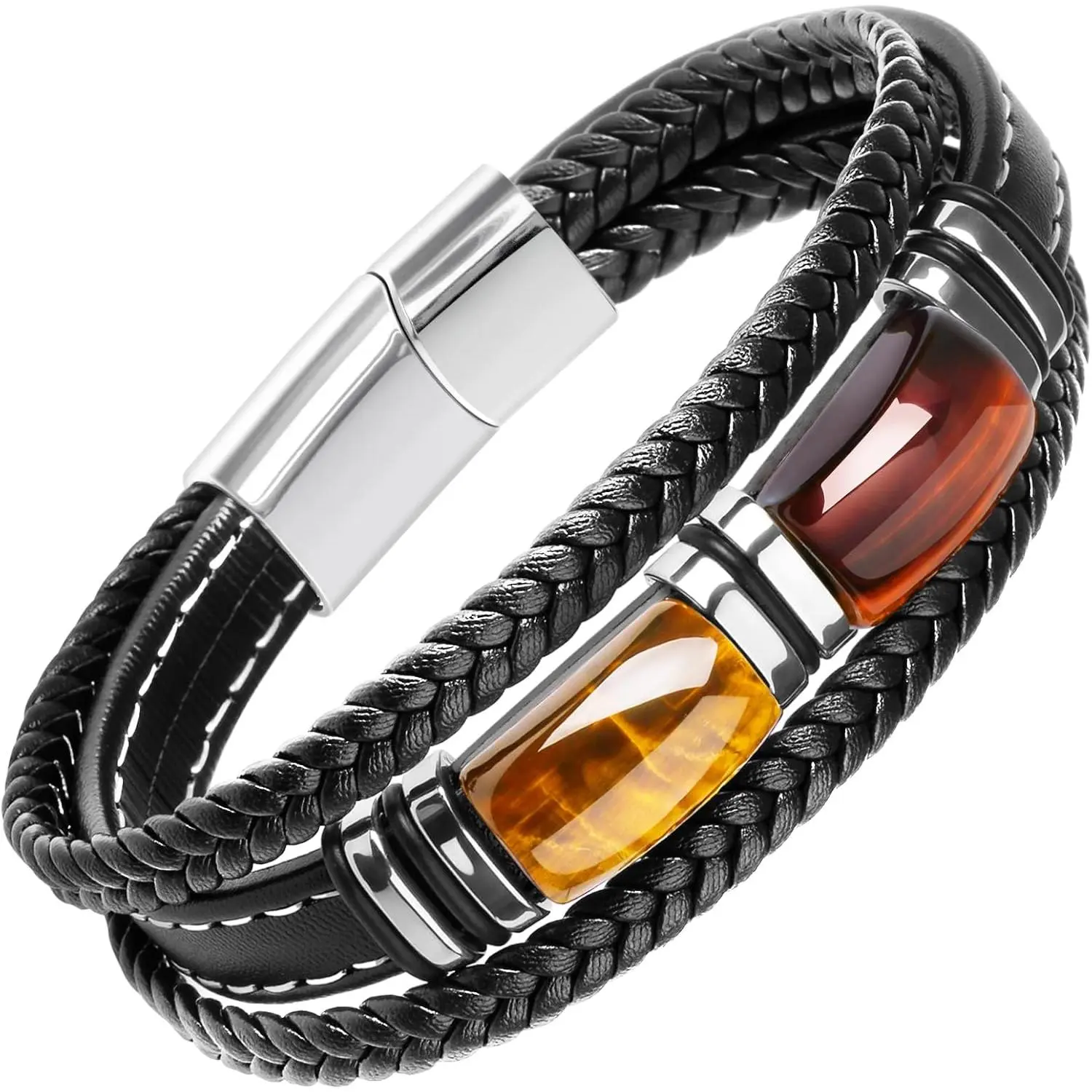 Tiger Eye Black Leather Bracelet Vintage Natural Handmade Gemstone Stone Jewelry with Stainless Steel Three-Layer Leather Rope Braided Cuff Bracelet for Men
