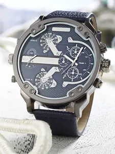 Men's Large Dial Dual Movement Leather Watch, Punk Style Quartz Wristwatch, Modern Fashionable Wristwatch, Band, Mineral Glass, All Seasons, Festival Gift