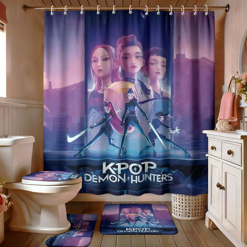 K-Pop Demon Hunters Bathroom Set, Shower Curtain with Hooks, Non-Slip Bath Rug, U-Shaped Toilet Mat, Toilet Lid Cover, Bathroom Decoration Accessories