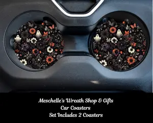 2-Pack Halloween Ghost and Flowers Car Coasters, Colorful Print Car Interior Accessory, Stylish-Functional Vehicle Decoration