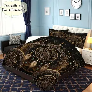 3pcs Quilt Set Gold Feather Geometric Pattern, Vintage Luxurious Home Bedding, Floral Design, Breathable Material, Pillowcases Included, Decorative Bedding Set