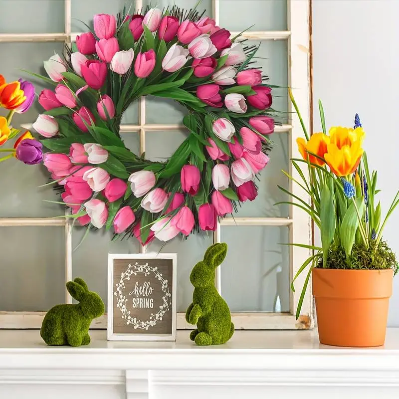 Colorful Artificial Tulip Wreath 15.75 Inches - Indoor And Outdoor Spring And Summer Decoration, Front Door, Home Office Wall - Valentine'S Day Festive Decor