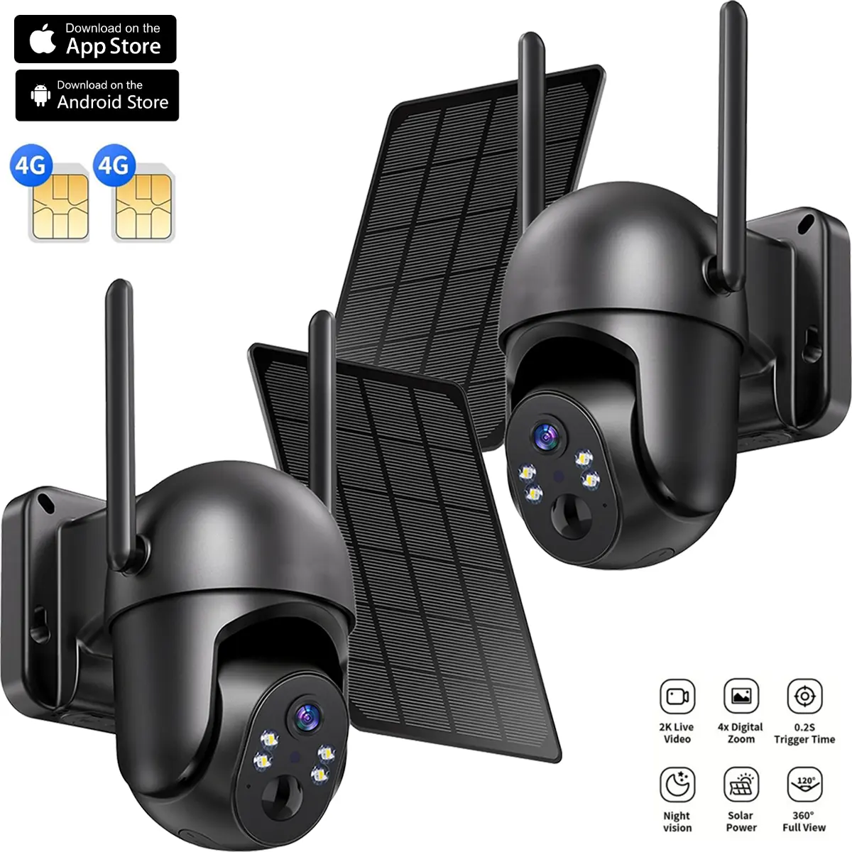 4G LTE Cellular Security Camera with Solar Panel, Outdoor 360° Full View, Color Night Vision, Unlimited Data Plan, 2K Live Video, Solar Powered No WiFi Security Camera, Motion Alert, Remote Access, Built-in SIM Card (Black)