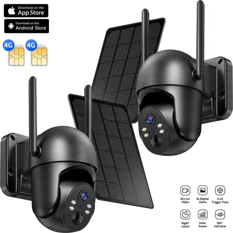 4G LTE Cellular Security Camera with Solar Panel, Outdoor 360° Full View, Color Night Vision, Unlimited Data Plan, 2K Live Video, Solar Powered No WiFi Security Camera, Motion Alert, Remote Access, Built-in SIM Card (Black)