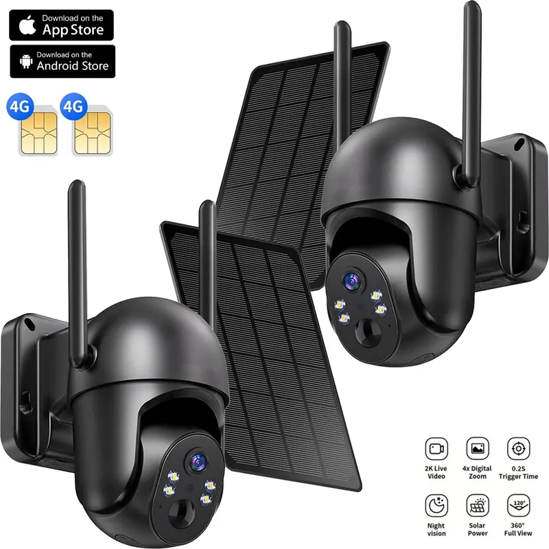 4G LTE Cellular Security Camera with Solar Panel, Outdoor 360° Full View, Color Night Vision, Unlimited Data Plan, 2K Live Video, Solar Powered No WiFi Security Camera, Motion Alert, Remote Access, Built-in SIM Card (Black)