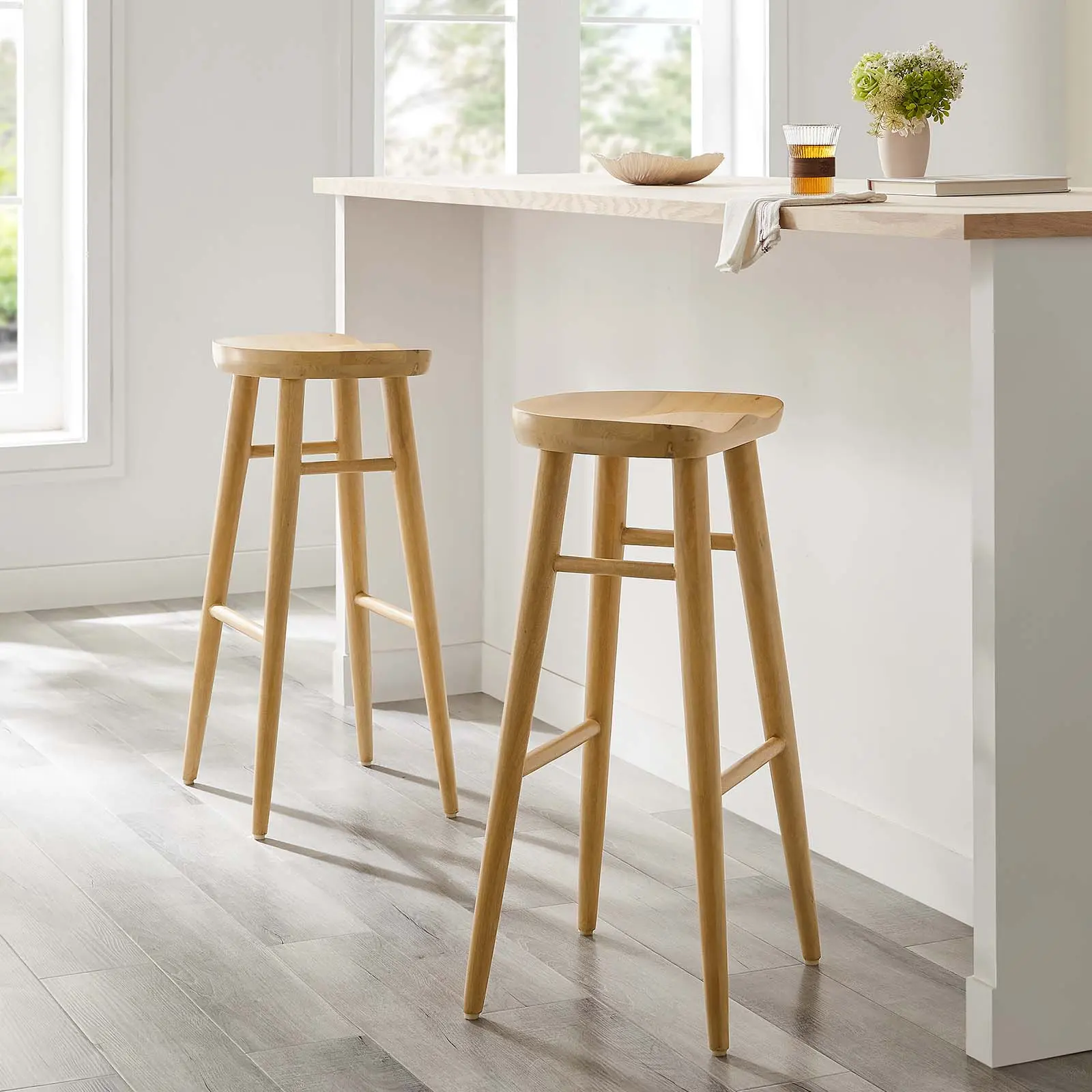 Modway Saville Backless Oak Wood Bar Stools - Set of 2, Modern Minimalist 2-Seat Home Bar Furniture, Adjustable Saddle Design, Contoured Seat, Modern Furniture