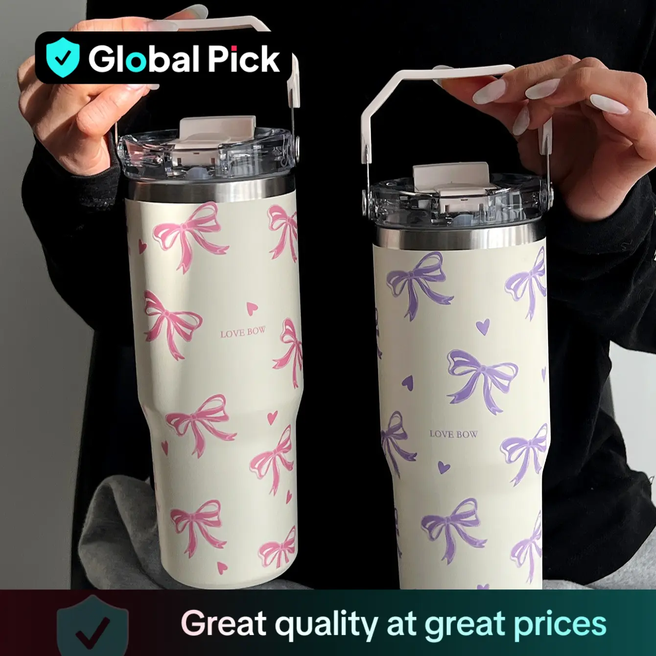 Butterfly & Heart Pattern Vacuum Flask, 1 Count Large Capacity Insulated Water Bottle with Handle & Straw, Summer Cool Bottle Drinking Cup for Home Of