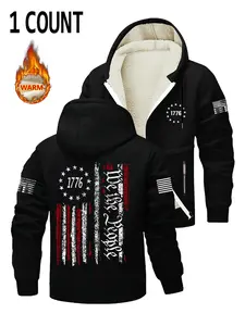 Men's Fall Winter Thick Jacket Hooded Sweatshirt Coat with Zipper Pocket, Flag Print, Casual Streetwear Long Loose Fit, Graphic Print Hoodie, Hoodie Print Hoodies