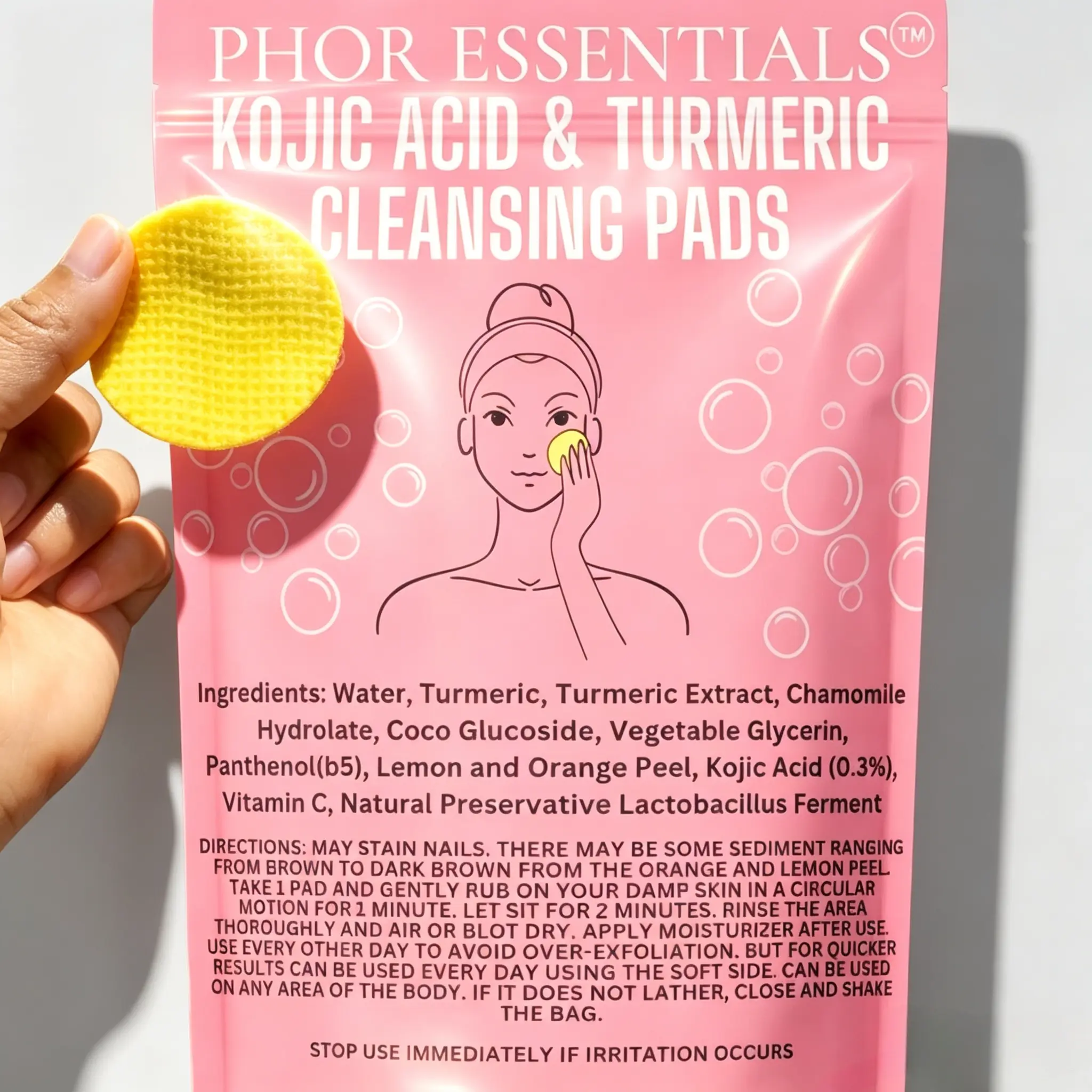 PHOR ESSENTIALS Turmeric & Kojic Acid Facial Cleanser Pads - Chamomile-Infused, Calming Formula for Soft, Radiant Skin