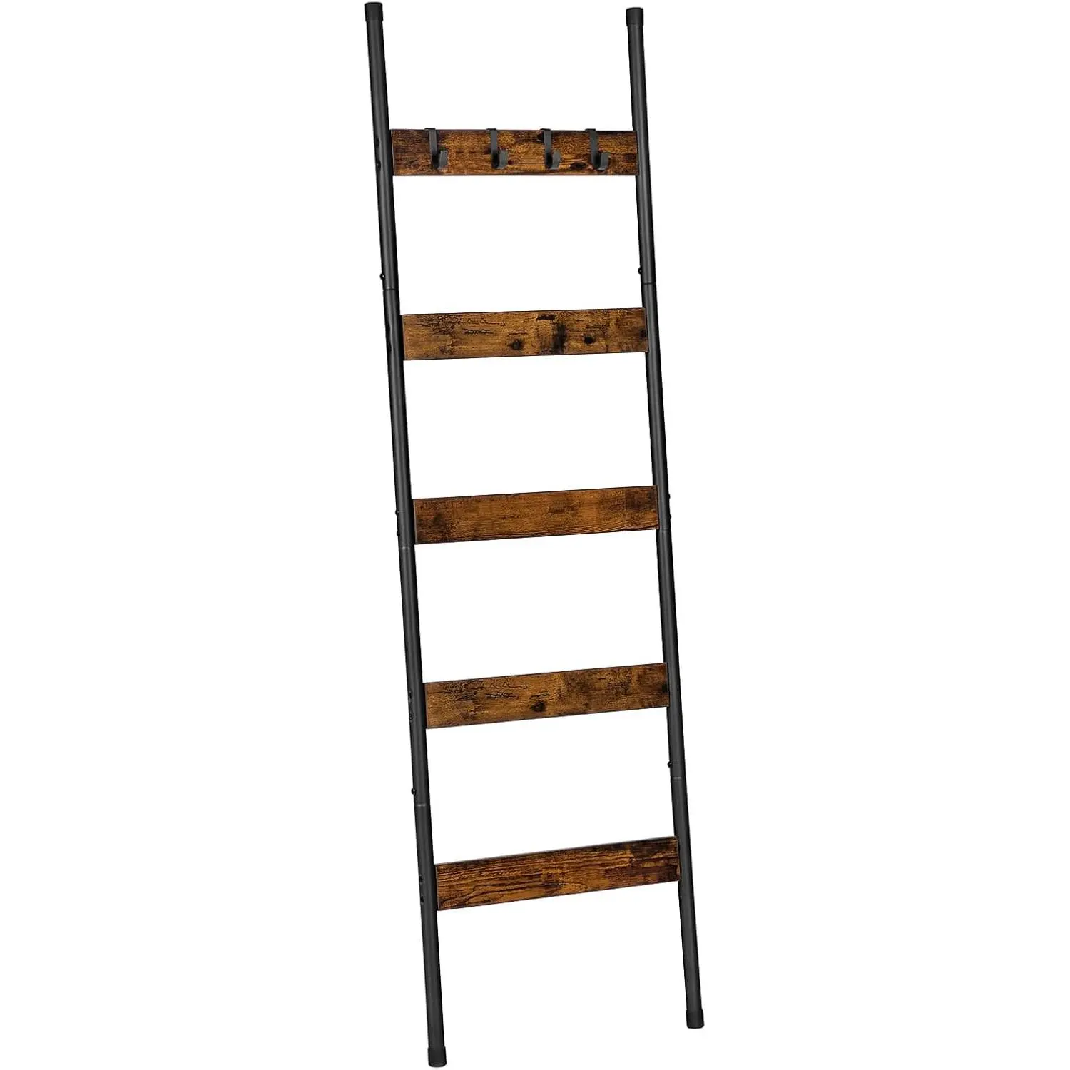 Rustic Brown & Black Industrial Metal Blanket Ladder - 5-Tier Removable Shelf Towel Rack with Hooks, Easy Installation, Plastic Accents, for Scarves, Living Room, Bedroom BF52CJ01