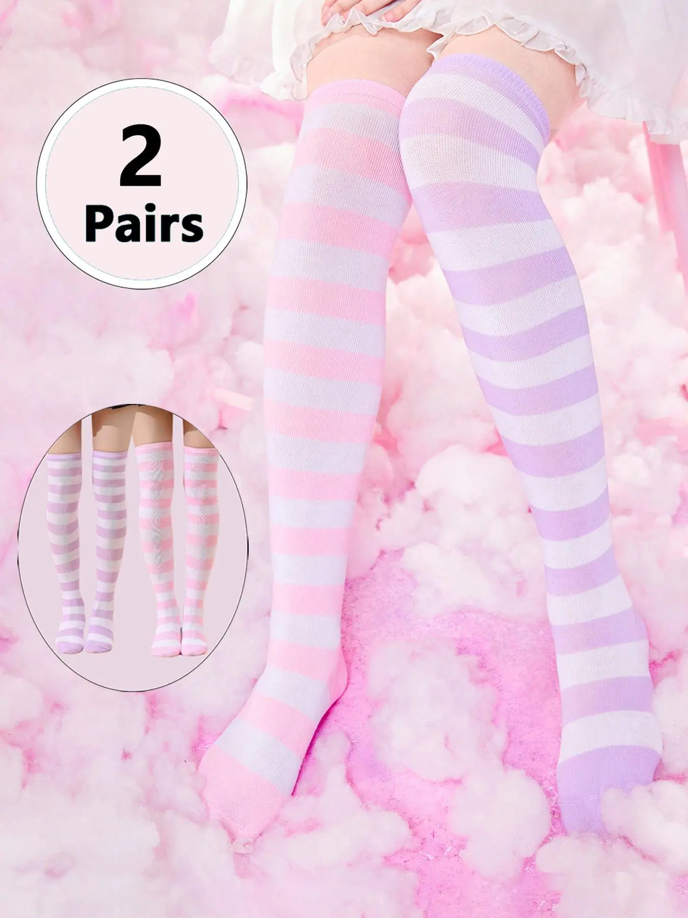 Women's 2 Pairs Sock Sets Striped Print Over the Knee Socks, Cute Comfy Breathable Stockings for Daily Wear, Ladies Socks for All Seasons