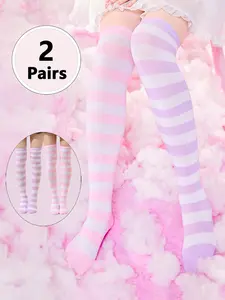 Women's 2 Pairs Striped Print Over the Knee Socks, Cute Comfy Breathable Stockings for Daily Wear, Ladies Socks for All Seasons, Multicolor, Soft Comfy Socks