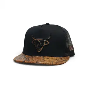 Lost  Calf Hats - Copperhead Flat Black Truker Hat White  Snake Print Brim And Bull Logo