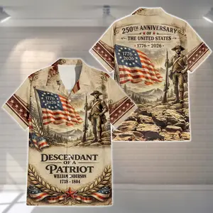 250th Anniversary USA Hawaii Shirt, Custom Descendant of Patriot Button Shirt, Semiquincentennial, 4 0f July Independence Day # TikTokMadeMeBuyIt # AmericanStyle # Casual Outfit # TrendyTee # BeachWear # VacationTee # PortableOutfit