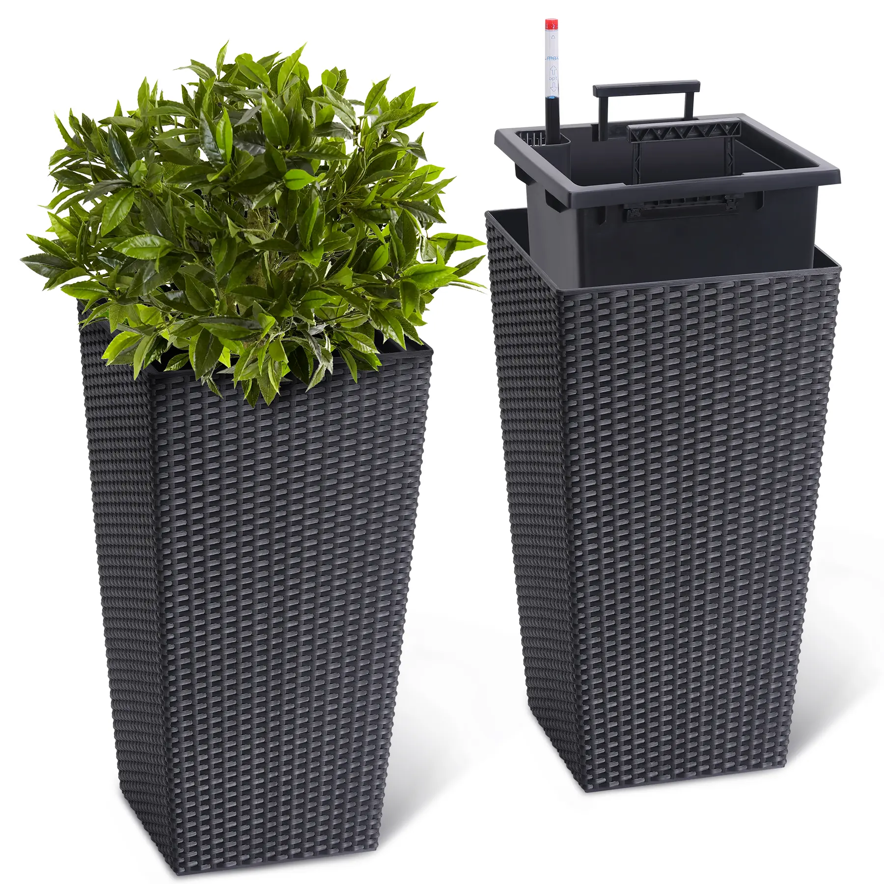 Tall Planters Set of 2, 16&22.5 Inch Self-Watering Outdoor Indoor Plant Pot with Water Level Monitor & Drainage Holes, Large Modern Flower Pot with Inner Bucket, Trays & Wheels – Black, White, Coffee