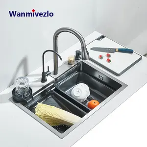 Stainless Steel Waterfall Kitchen Sink Large Single Slot Integrated  Faucet Set