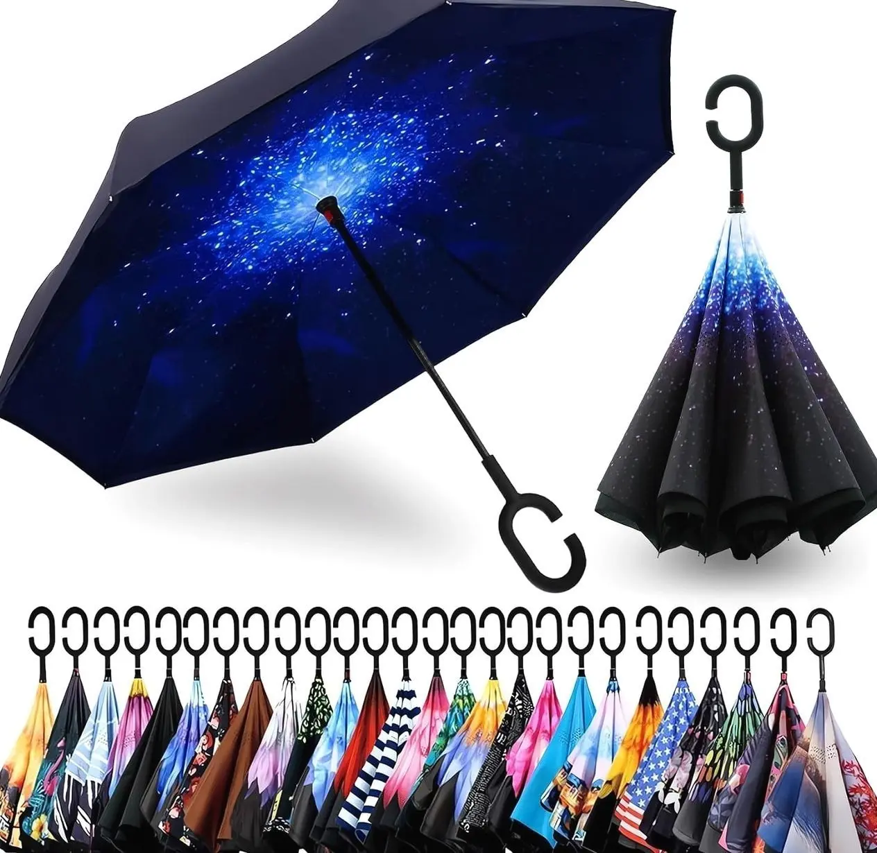 SIEPASA 49/56 Inch Inverted Reverse Upside Down Umbrella, Extra Large Double Canopy Vented Windproof Waterproof Stick Golf Umbrellas with C-shape Handle.