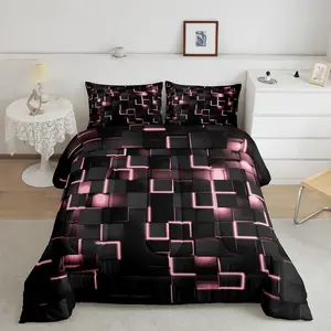 Feelyou Queen Comforter Set, Queen Size Bedroom Bedding Set - Pink and Black Luxury Modern Geometric Light-Designer Duvet, Super Soft Decorative Comforter