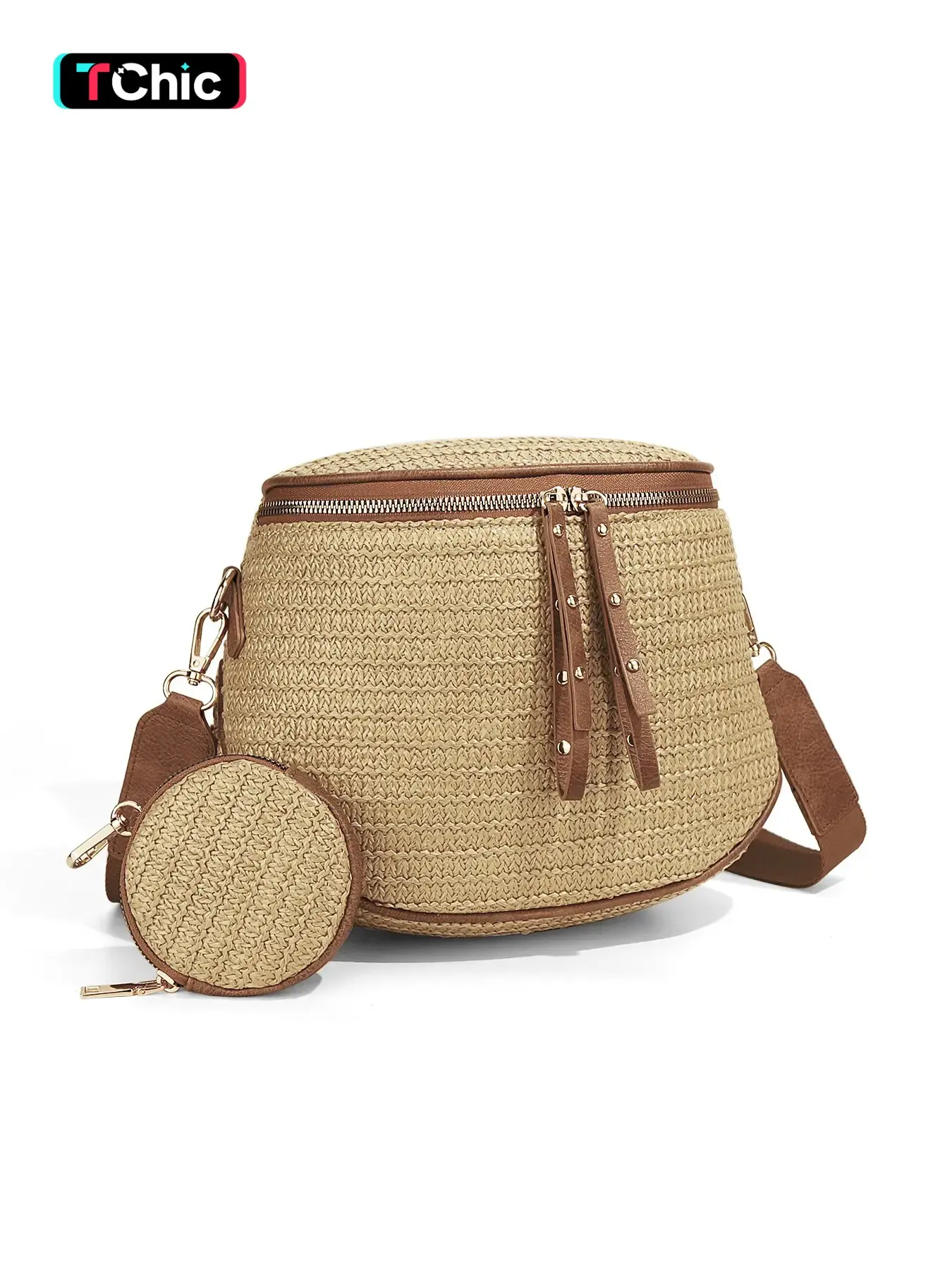 Straw Large Casual Crossbody Bags for Women, PU Leather Bum Bag with Coin Purse, Stylish Checkered Sling Purse with Adjustable Strap, Lightweight Commuting Shoulder Bag Fanny Packs for Mothers Travel Gifts
