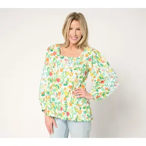 Susan Graver PURE Embroidered Printed Cotton Gauze Blouse