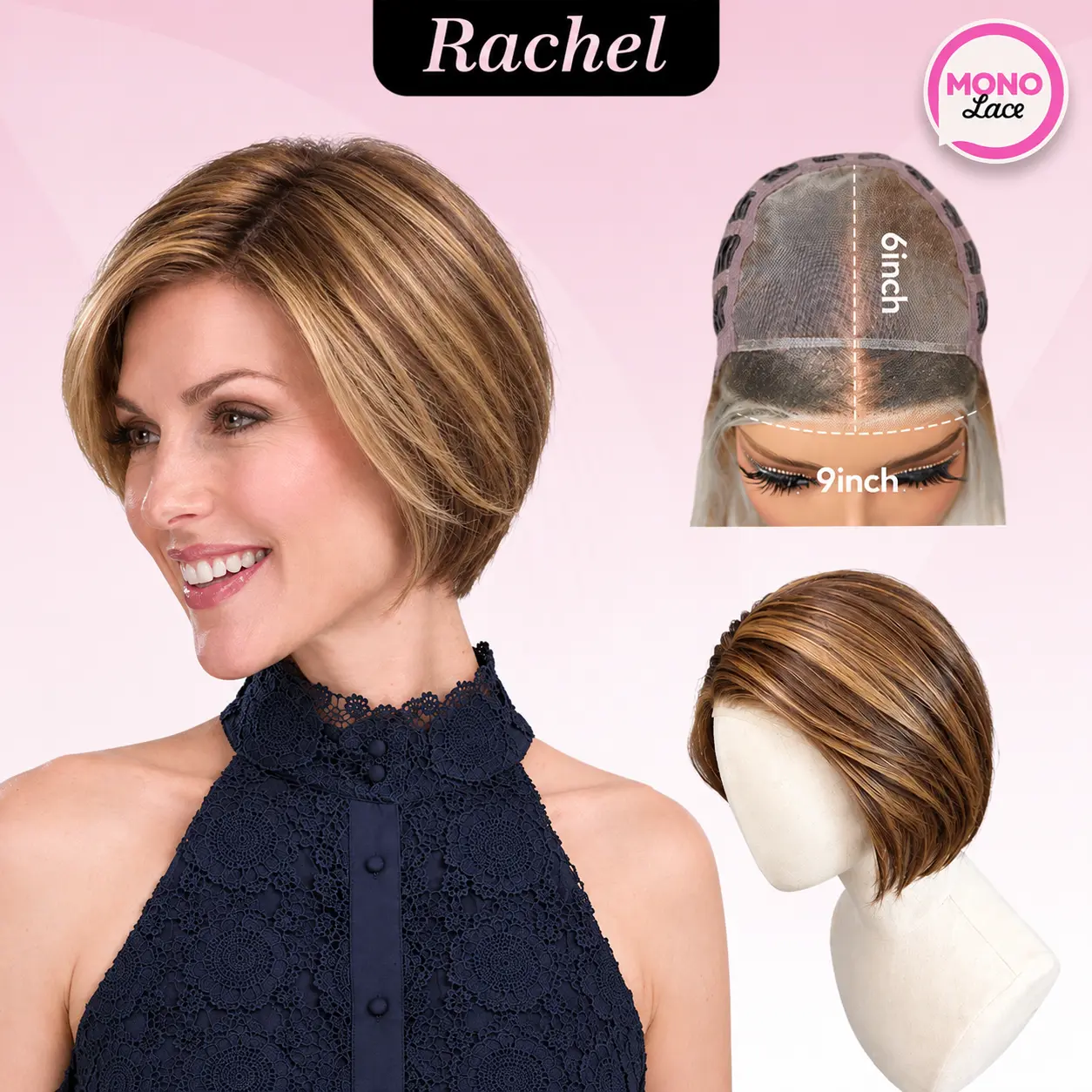 [Rachel] VSIGN 9×6 Full Mono Top Chestnut Caramel Mushroom Bronde Platinum Blonde Balayage Dark Root Highlight Monofilament Snowflake Lace Premium Futura Synthetic Fiber Short Layered Straight Ear Tabs Glueless Bob Wig 6-Inch for Woman Natural Daily Wear
