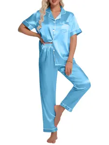 DAKIMOE Silk Satin Pajamas Set for Women Two-Piece Short Sleeve Shirt with Long Pajama Pant Set Soft Button down Loungewear Nightwear Pjs Sleepwear for Women
