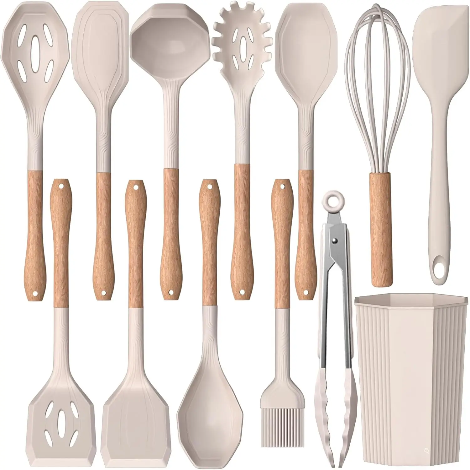 LIMITLESS 13-Pcs Silicone Kitchen Utensil Set – Heat-Resistant Cooking Tools with Wooden Handles, Spatula, Spoon, Turner & Tongs, Khaki Multicolor