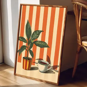Vintage Medieval Coffee & Plant Wall Art Poster, Artistic Striped Canvas, Unframed, Home Office Bedroom Kitchen Bathroom Bar Decor