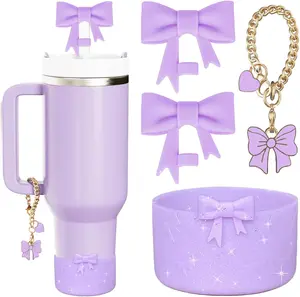 Water Bottle Accessories Set for  Cup,2Pcs Bow Straw Cover Caps Straw Toppers,1Pcs Cute Bow and Heart Handle Charm and 1 count Bow Bling  Boot for  30&40oz Tumbler (Purple)