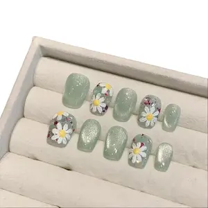 T26 Oil painting style spring flower short cute glass beads cat eyes pure hand-worn nail piece high-grade manicure