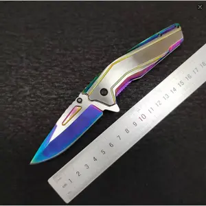 Tactical Folding Knife with Iridescent Titanium-Coated Blade, Mech-Inspired Stainless Steel Handle with Non-Slip Grip for Everyday Carry, Everyday Carry Fixed-Blade Knives
