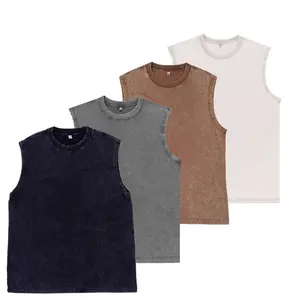 Set of four distressed crew-neck men’s tank tops in a street-cool style, featuring a washed, aged texture for a retro feel. The crew neck sits comfortably against the neck without feeling tight, and the sleeveless design is light and streamlined. Made fro