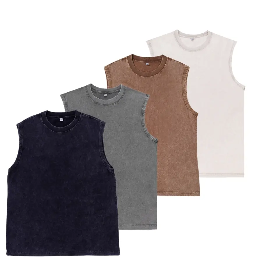 Set of four distressed crew neck men’s tank tops in a street cool style, featuring a washed, aged texture for a retro feel. The crew neck sits comfortably against the neck without feeling tight, and the sleeveless design is light and streamlined. Made fro