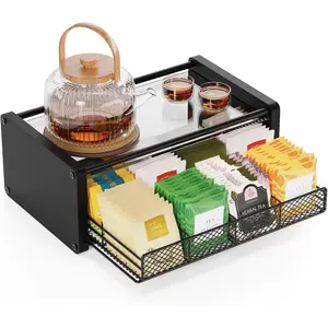 Wooden Tea Bag Organizer Storage Holder with Drawers and Divided Compartments for Kitchen Countertop Office Tea Station