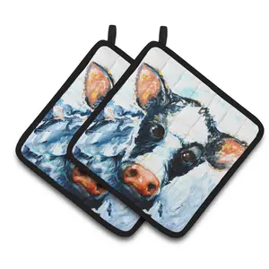 212 MAIN Thick Quilted Fill Insulated Polyester Cow Lick Pot Holders, Colorful Art Kitchen Accessory, Hanging Design Pair Set Compatible with Oven Mitts