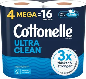 Cottonelle Ultra Clean Toilet Paper 4 Mega Rolls 16 Regular Rolls 3x Thicker Stronger Septic Safe CleaningRipples Design