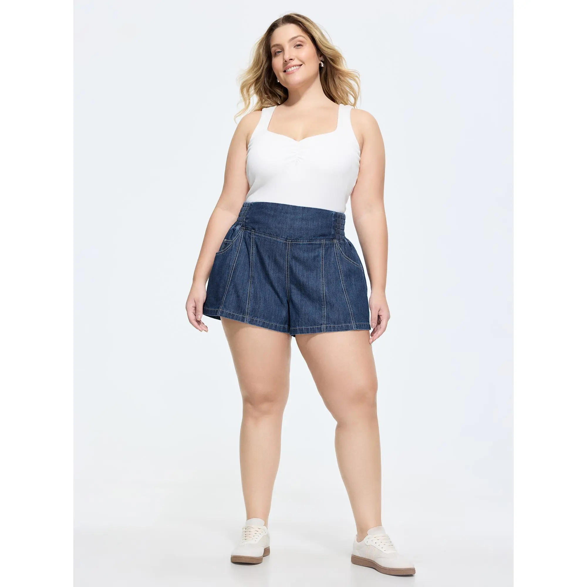 BloomChic Women's Curvy Plus Size Solid Jean Shorts Garment - Pull-On 5-Pocket Casual Bottoms, Smocked Waistband, Supersoft Basic Cotton-Polyester Fabric, Functional Pockets, Perfect Fit, Cold Wash
