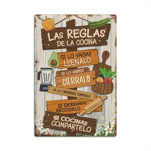 1 Piece Vintage Spanish Metal Tin Sign "Kitchen Rules" - Country Style Wall Art With Spanish Phrases And Cooking Illustrations, Durable Metal Decoration Suitable For Home, Restaurant Or Commercial Kitchen - Perfect Gift For Cooki Wall Decoration Cave Deco