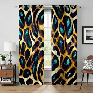 2 Panels Teal & Gold Leopard Print Blackout Curtains - Thermal Insulated, Room Darkening Drapes, Exotic Safari Animal Spot Pattern, for Bedroom, Living Room, Boho Glam Home Decor