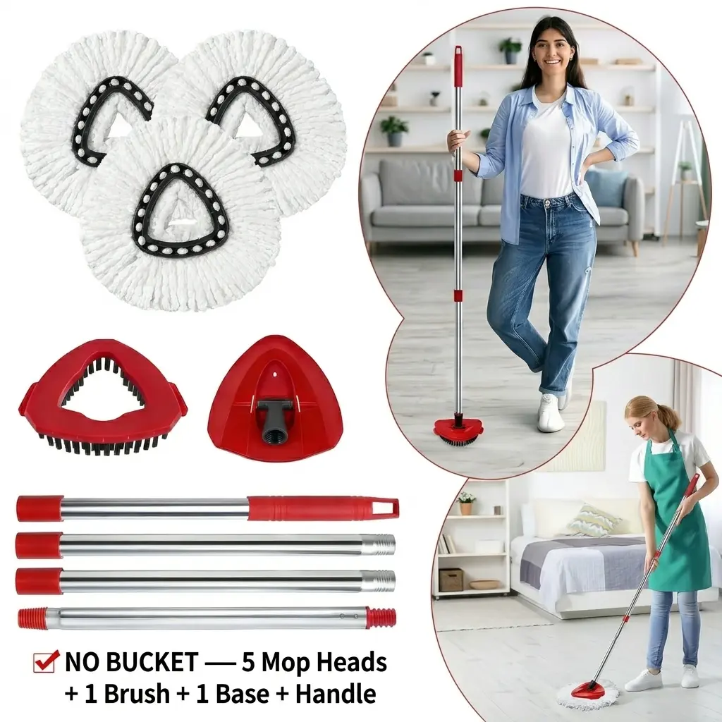 O-Cedar EasyWring 1-Tank System Spin Mop Replacement Parts Combo (5-Pack, No Bucket) - Adjustable 4-Section Interlocking Stainless Steel Extension Handle, Triangle Base Disc Cover, Heavy Duty Absorbent Microfiber Heads, Tile Scrubber Brush