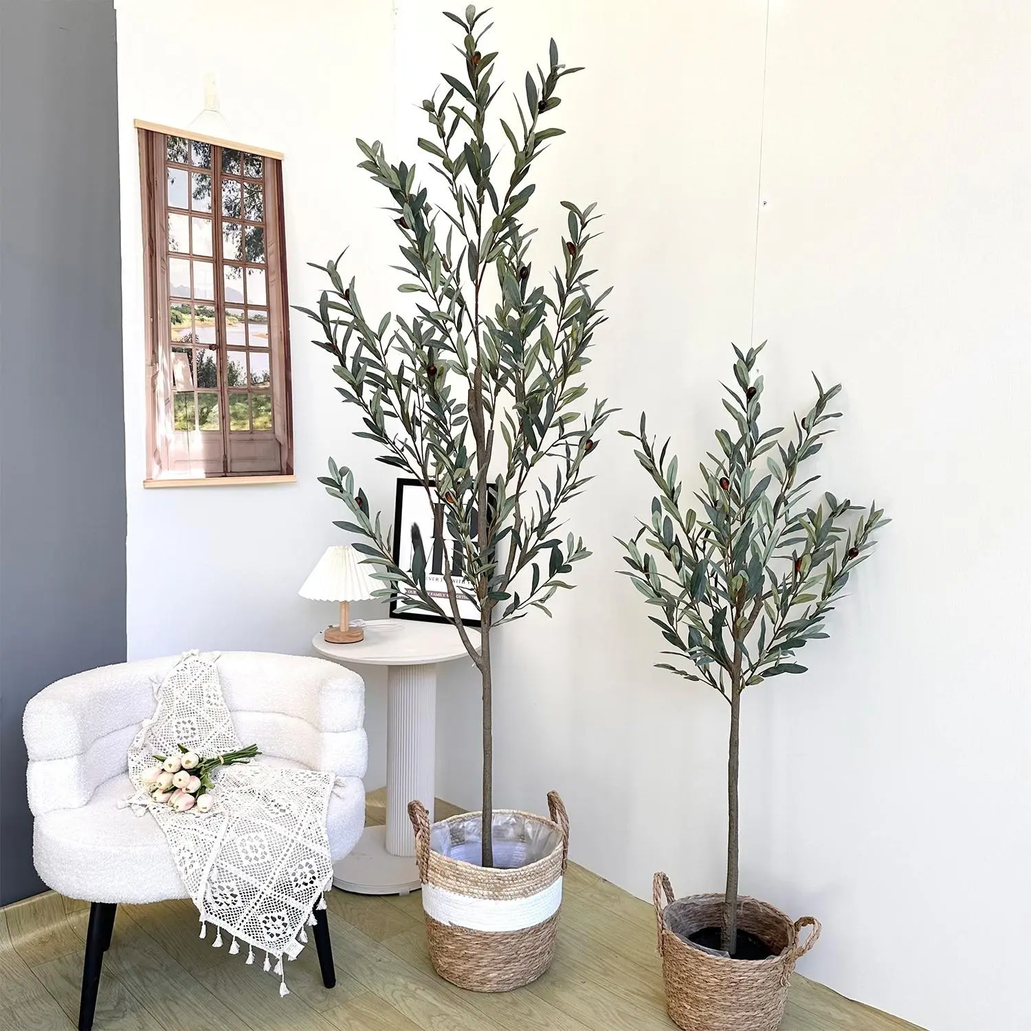 Artificial Olive Tree, Tall Fake Olive Tree with Large Faux Olive Branches  and Fruits, Modern Living