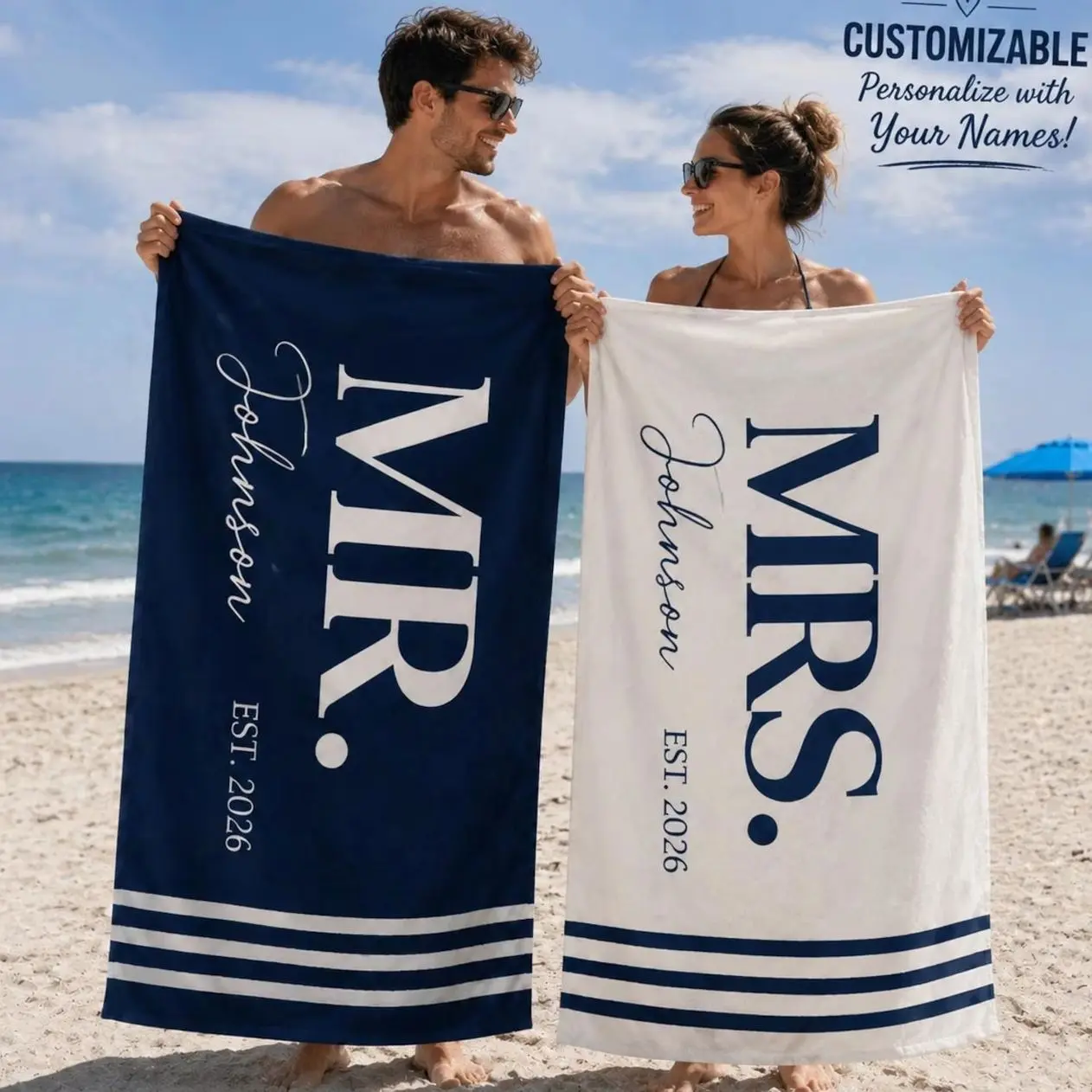 Personalized Couple Beach Towels set 2pcs, Mr and Mrs Beach Towels, Custom Wedding Gift, His and Hers Towels