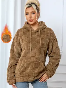 Women's Fashion Plaid Hooded Sweatshirt, Fall Winter Thick Cat Ear Design, Large Pocket Drawstring Pullover, Casual Long Sleeve Top