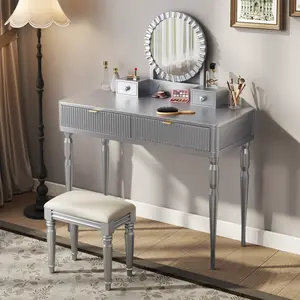 [Bellemave]Luxury Vanity Desk with Round Mirror,Height-Adjustable, Stylish Dressing Table Set, 4 Drawers & Stool, Silver