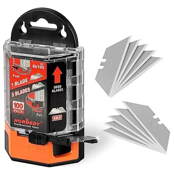 HORUSDY Pack Of 100 Utility Knife Blades, Box Cutter Blades Replacement with Dispenser, SK5 Carbon Steel