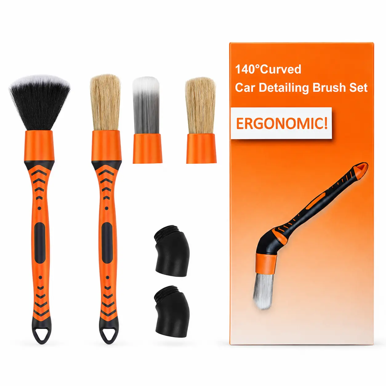 6-Piece Car Detailing Brush Kit with Angled Adapter, Boar Bristle, PBT & PET Brush Heads for Air Vents, Dashboard, Wheels - Automotive Car Wash Maintenance Accessory